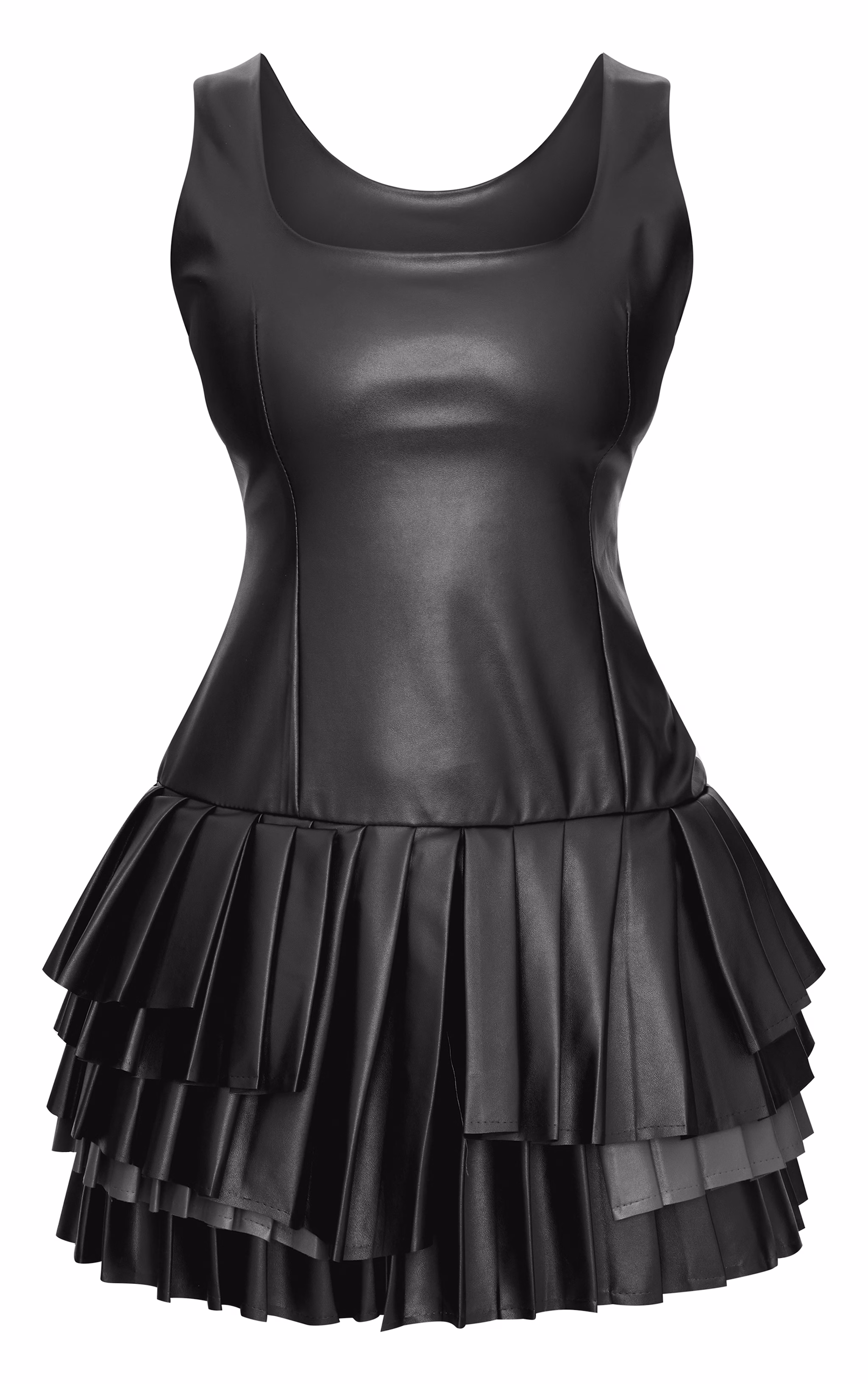Black Faux Leather Pleated Asymmetric Mini Dress
