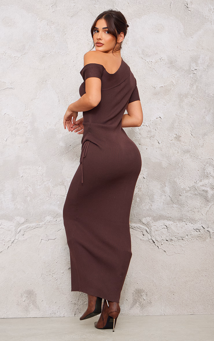 Chocolate Rib Knit Asymmetric Neck Ruched Side Maxi Dress