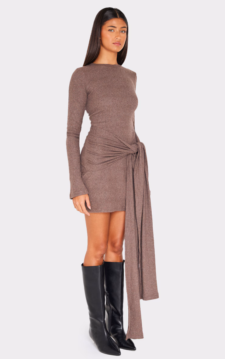 Chocolate Heavy Brushed Rib Boat Neck Wrap Tie Bodycon Dress