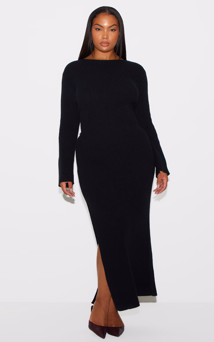 Plus Black Rib Knit Low Back Long Sleeve Maxi Dress