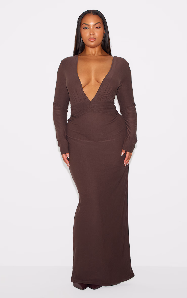 Chocolate Brown Soft Touch Twisted Plunge Maxi Dress