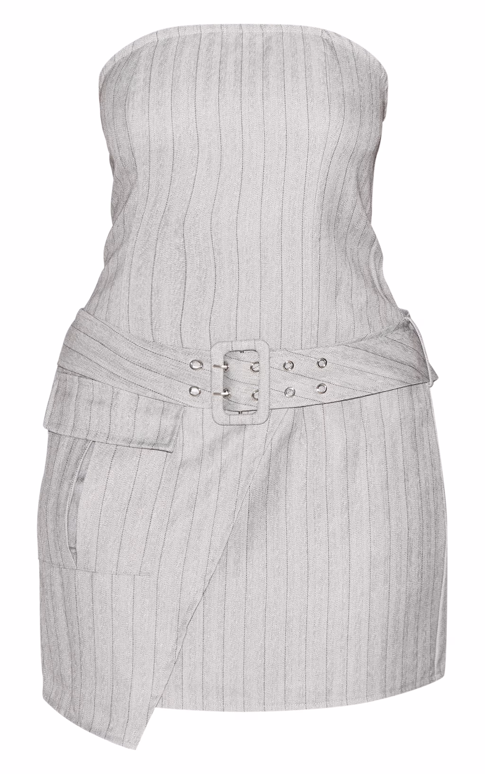 Grey Pinstripe Bandeau Belted Pocket Detail Shift Dress