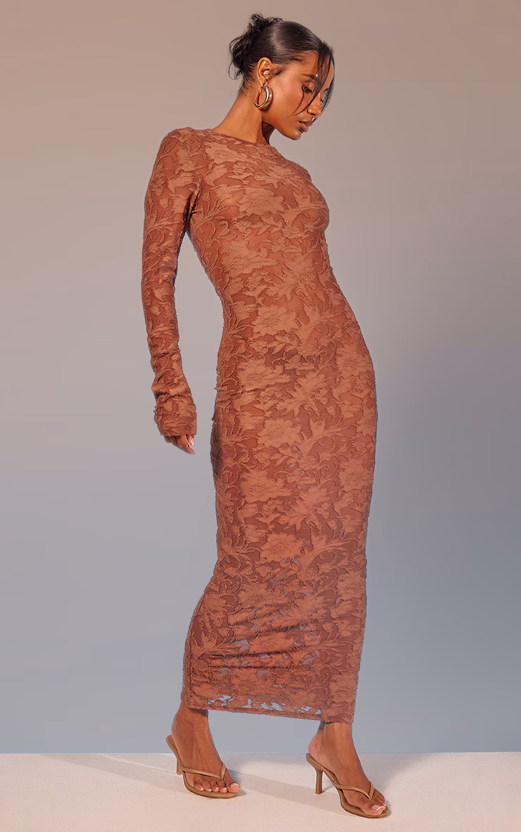 Mocha Floral Sheer Burnout Long Sleeve Maxi Dress