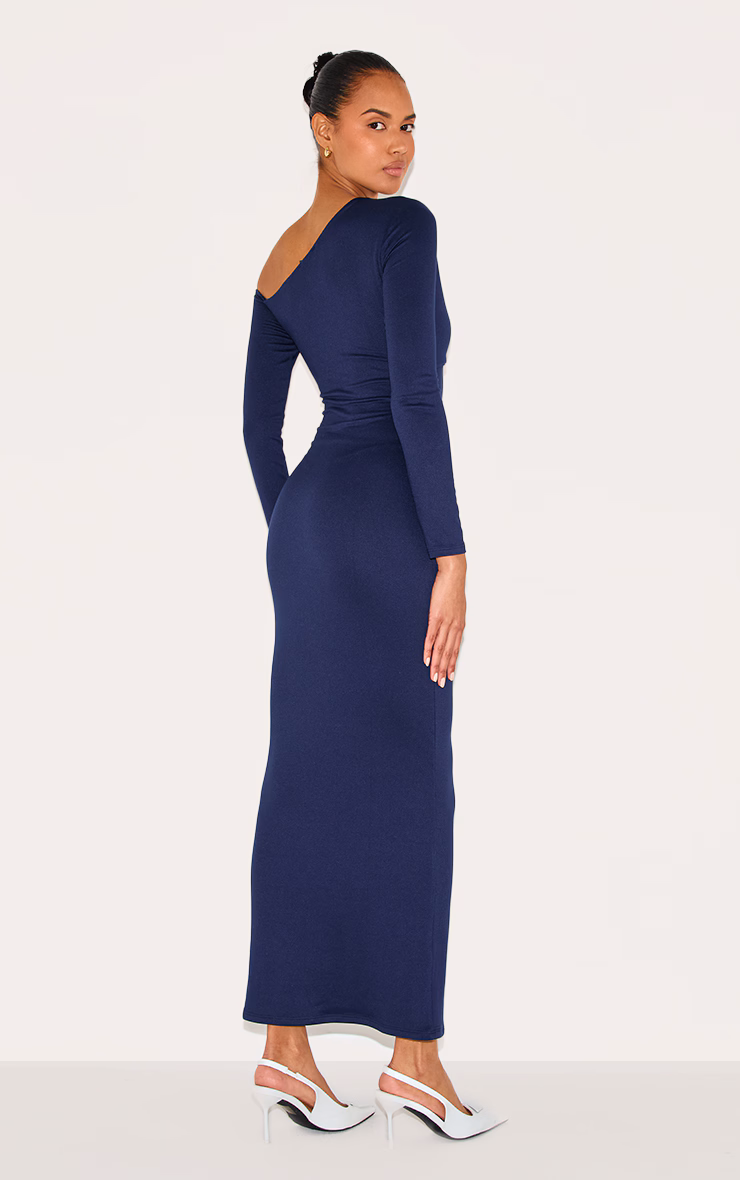 Navy Double Contour Twist Detail Long Sleeve Maxi Dress