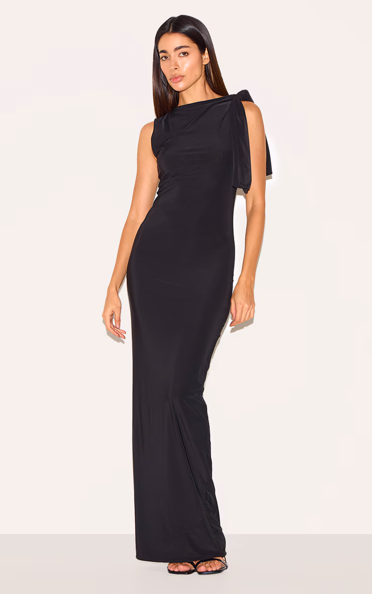 Black Slinky Knot Drape Midaxi Dress