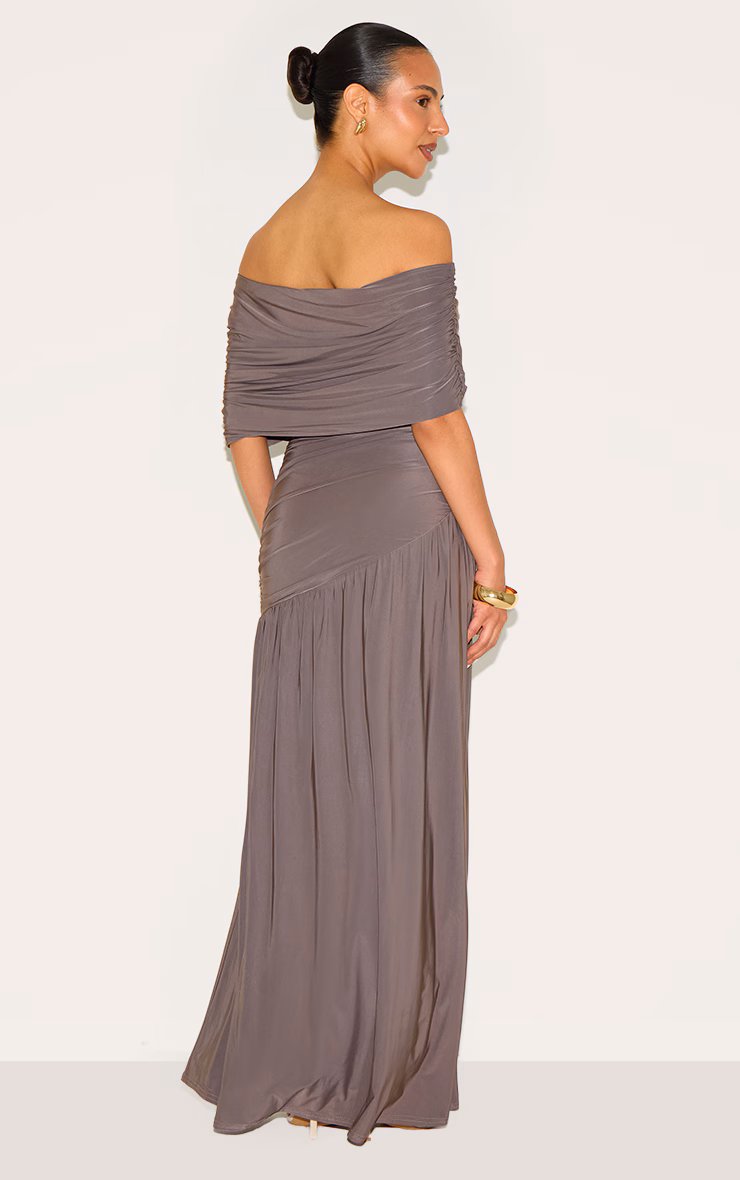 Petite Taupe Double Layer Slinky Bardot One Shoulder Ruched Maxi Dress