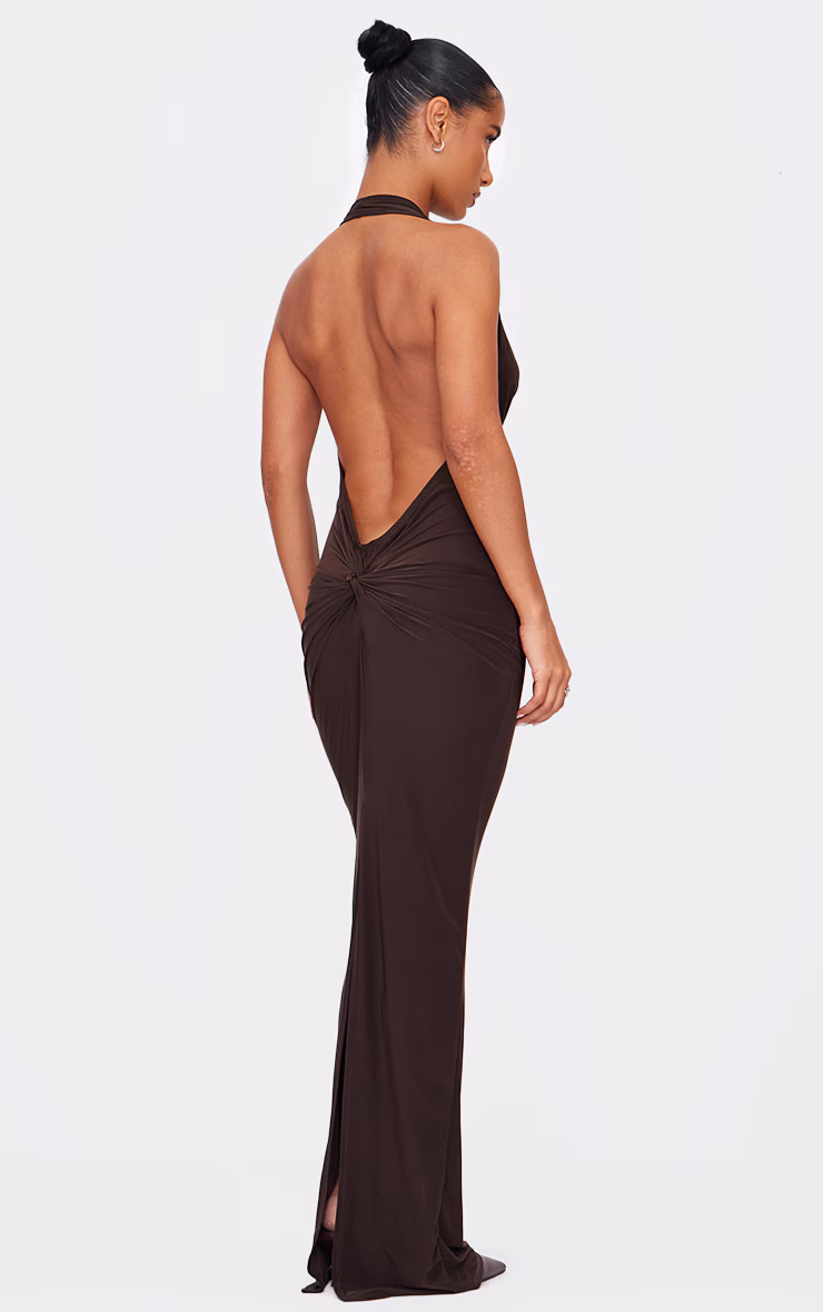 Chocolate Soft Touch Cowl Neck Twist Back Detail Maxi Dress