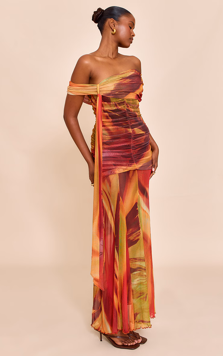 Burnt Orange Abstract Print Lined Mesh Bardot Maxi Dress