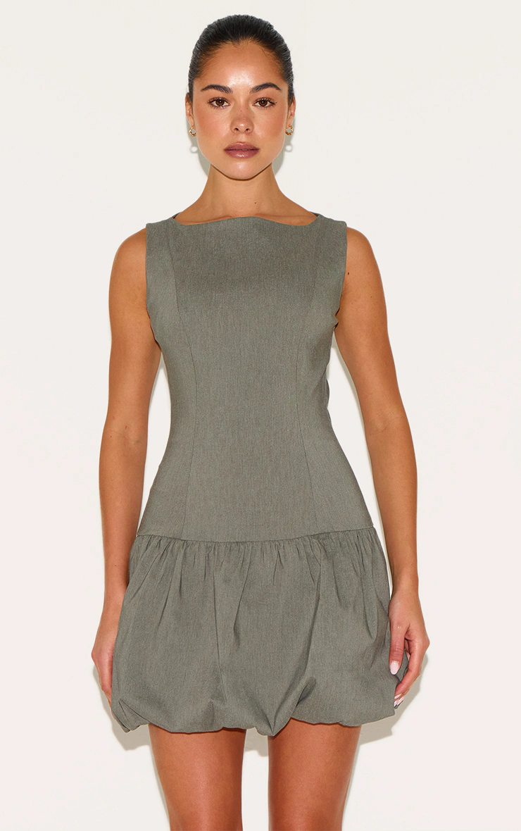 Khaki Stretch Woven Puffball Dress