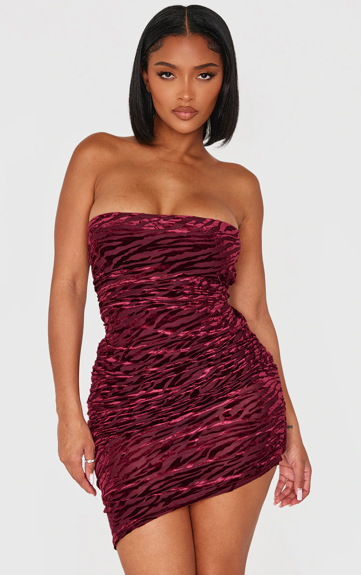 Shape Burgundy Zebra Devore Bandeau Ruched Side Mini Dress