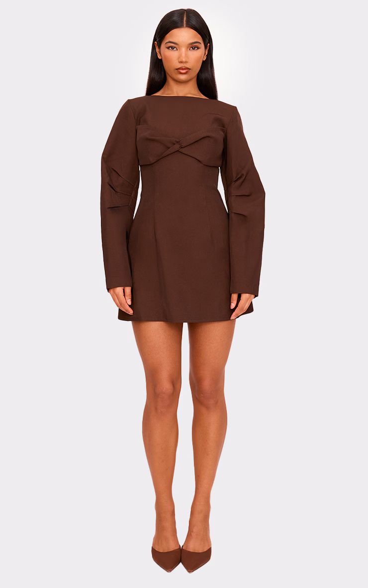 Chocolate Woven Twist Detail Balloon Sleeve Dress
