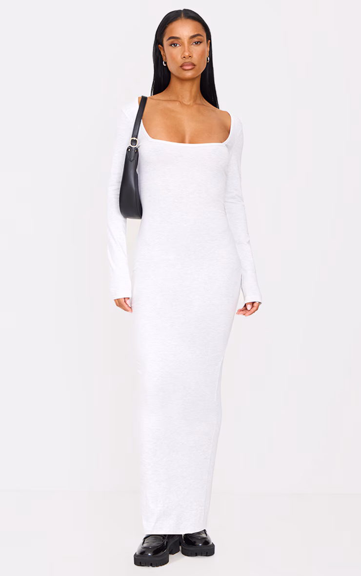 Grey Marl Cotton Square Neck Long Sleeve Maxi Dress