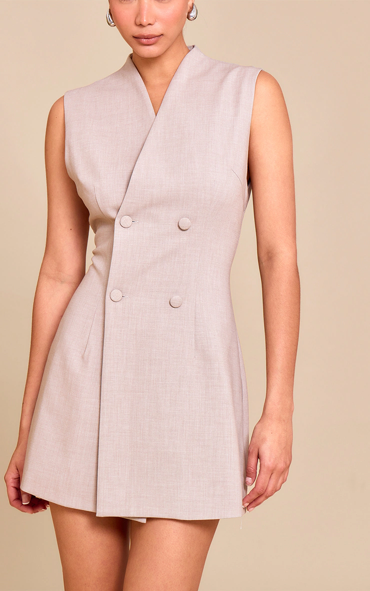 Sand Woven Collarless Button Mini Dress