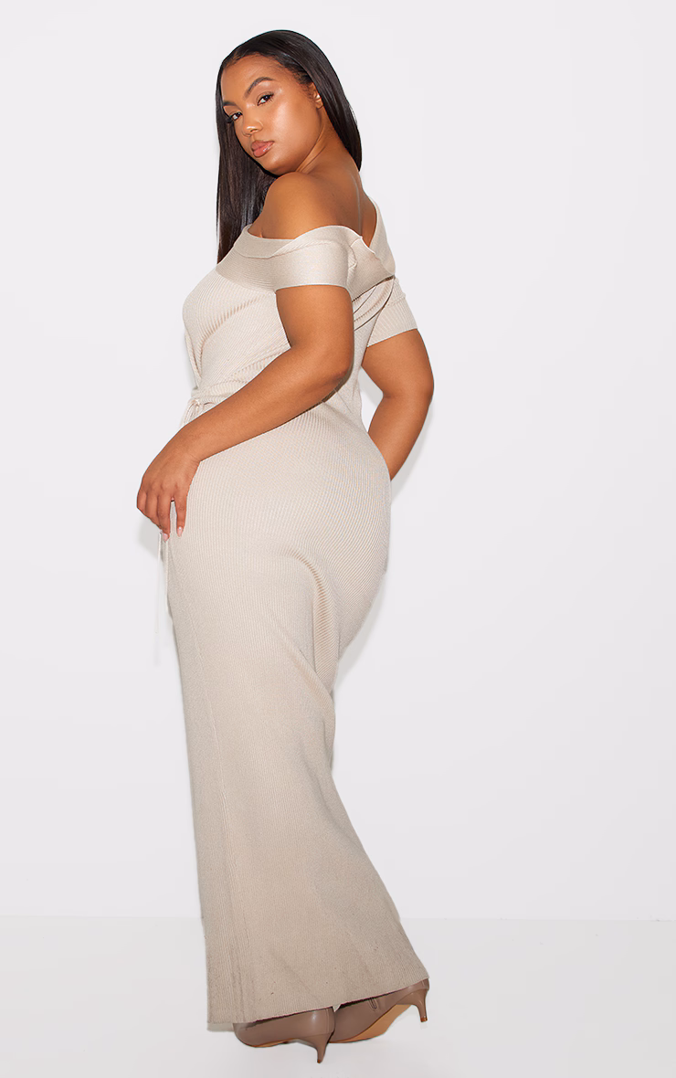 Plus Oatmeal Rib Knit Asymmetric Neck Ruched Side Maxi Dress