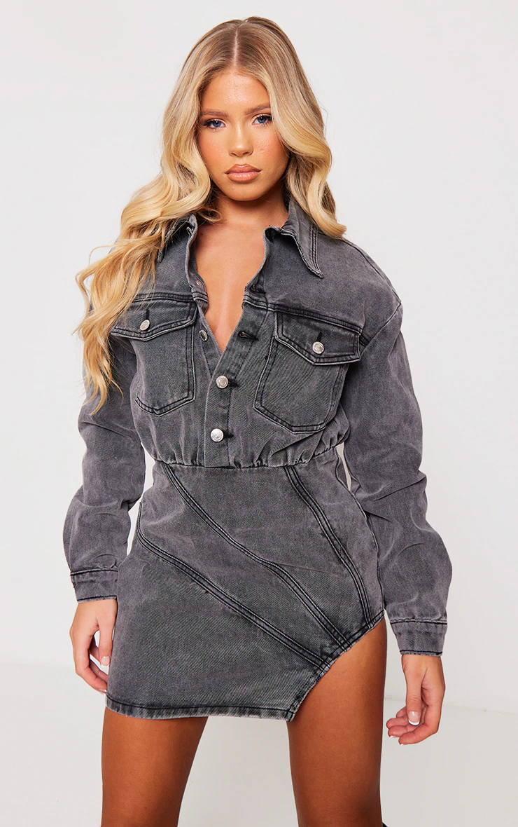 Washed Grey Seam Detail Curved Hem Denim Mini Dress