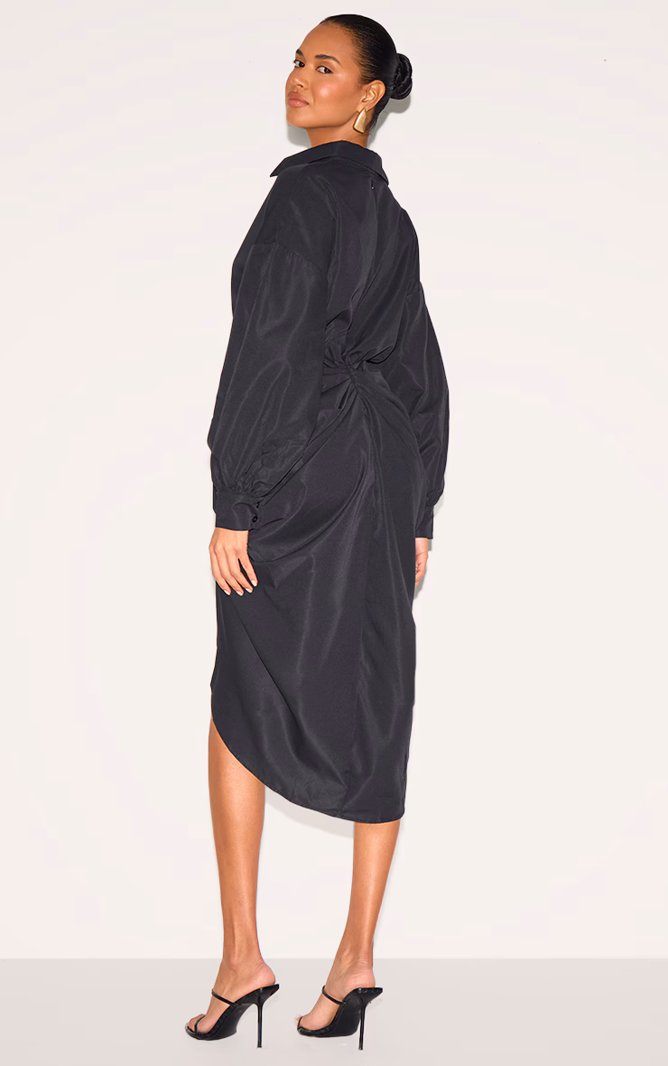 Black Balloon Sleeve Gathered Skirt Midi Shirt Dress