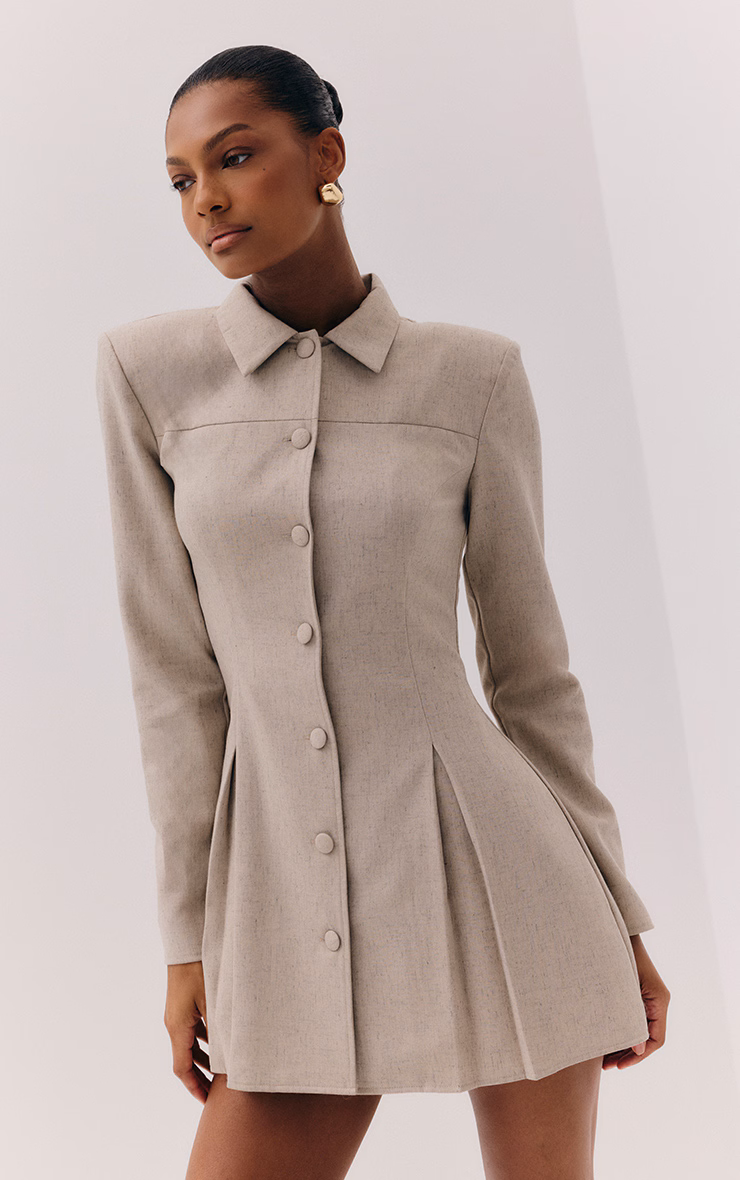 Light Grey Button Up Pleated Hem Shirt Dress