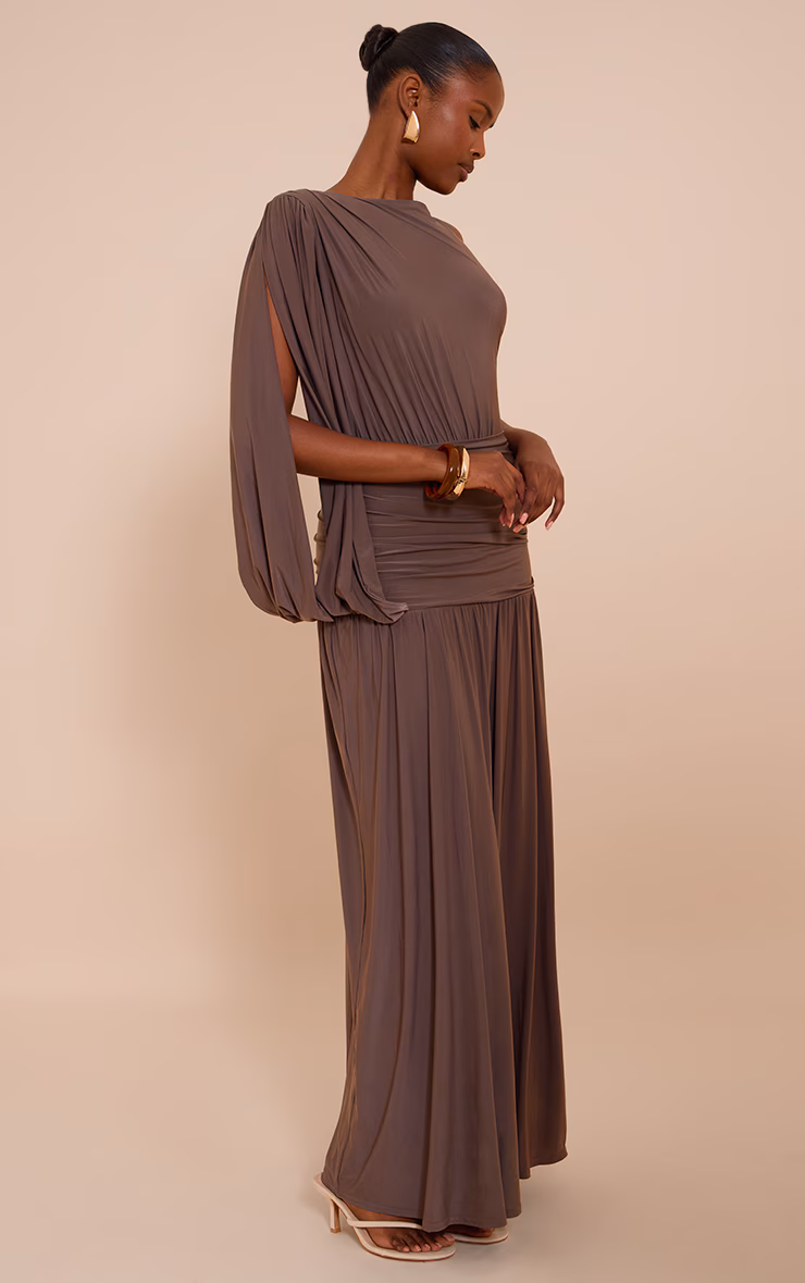 Mushroom Double Layer Slinky Ruched One Shoulder Maxi Dress