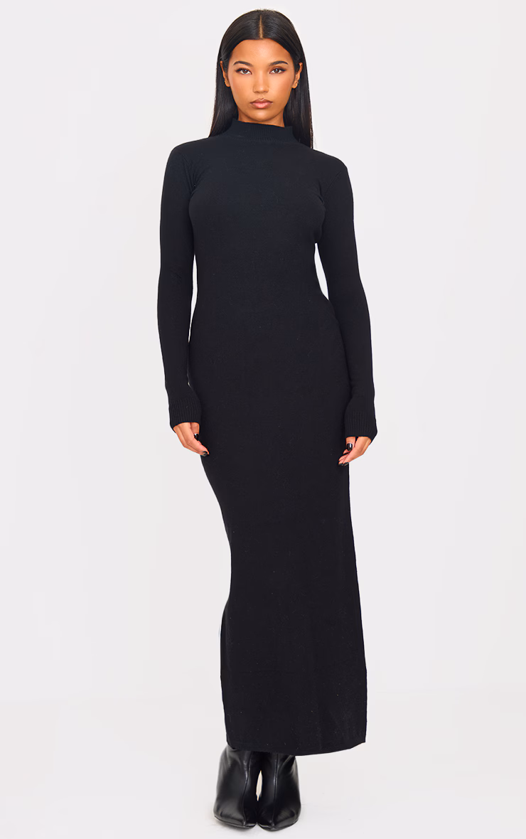 Black Light Rib Knit Long Sleeve Maxi Dress