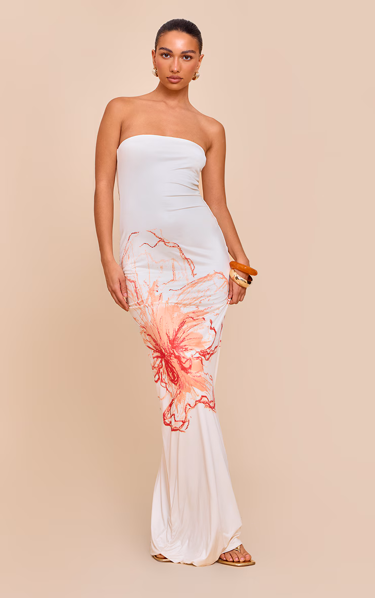 Cream Floral Printed Bandeau Maxi Dress