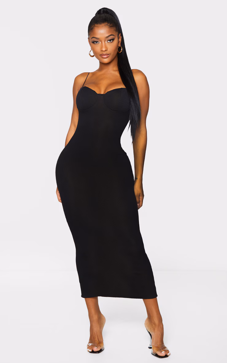 Shape Black Plisse Strappy Cup Detail Midaxi Dress