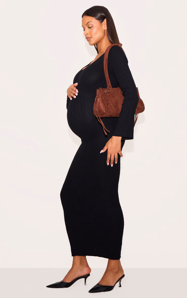 Maternity Black Knitted Scoop Neck Midaxi Dress