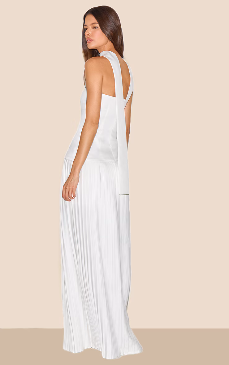 Cream Woven Asymmetric Pleated Maxi Dress