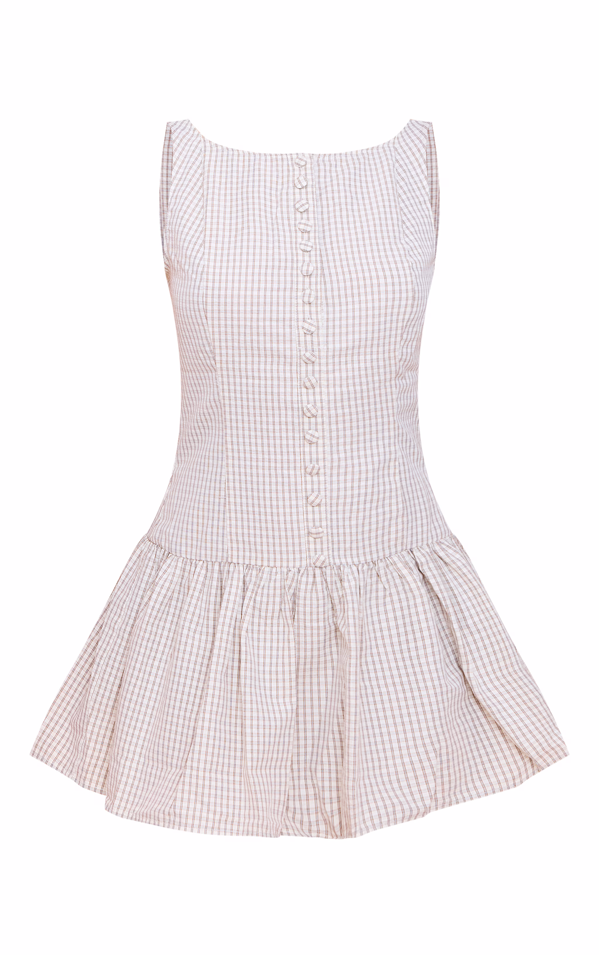 Taupe Checked Scoop Back Button Down Shift Dress