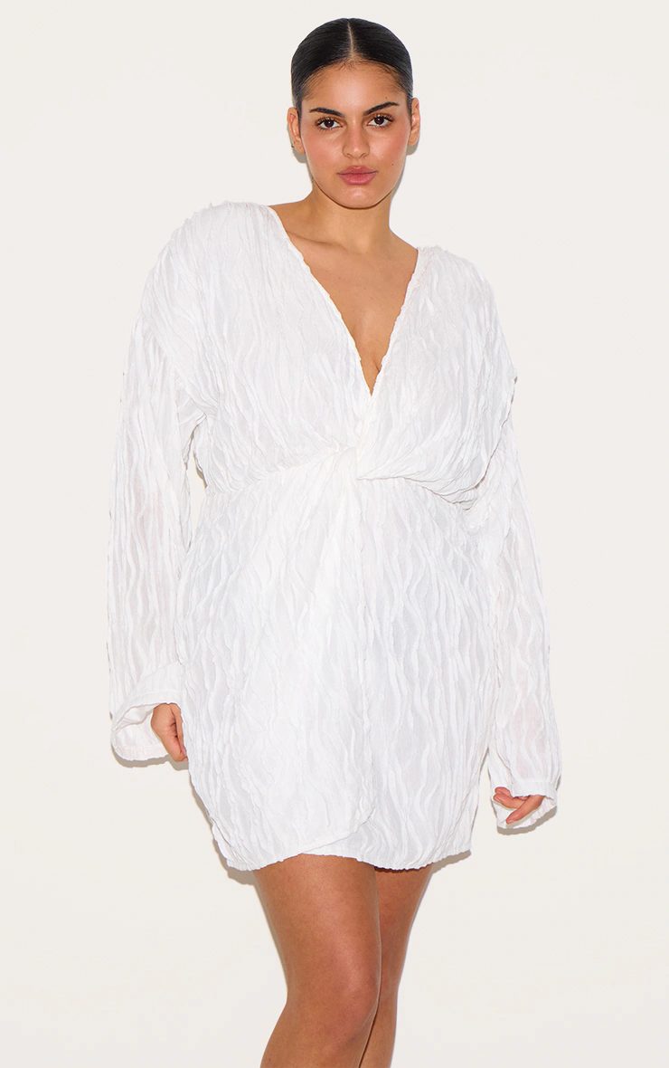 Plus White Textured Wrap Front Dress