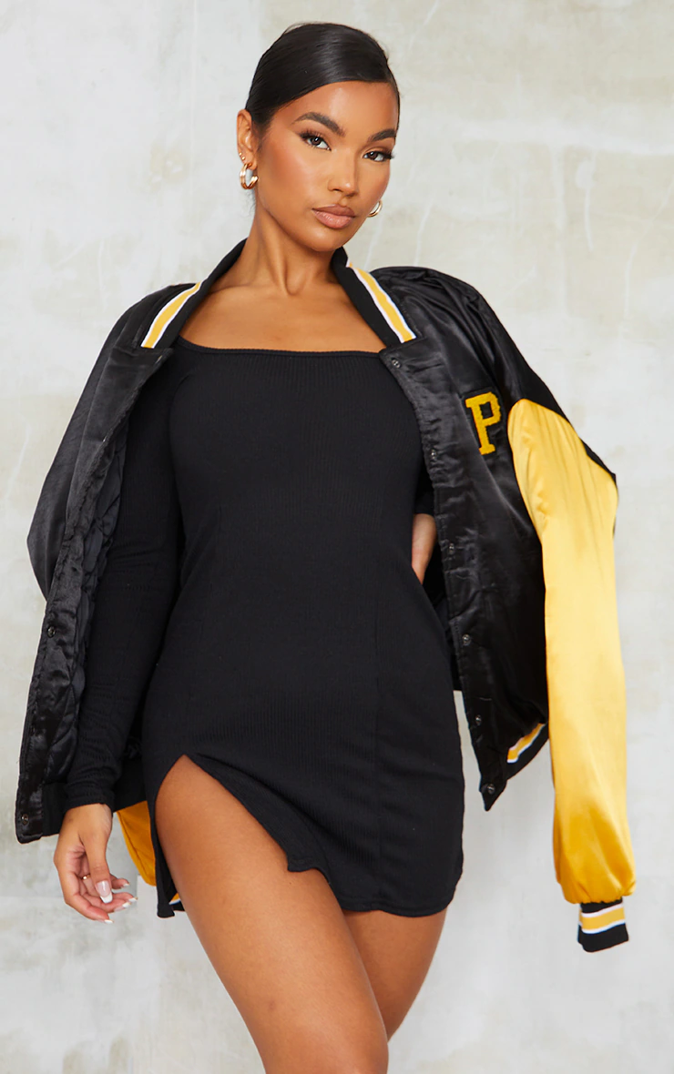 Black Rib Split Hem Square Neck Long Sleeve Bodycon Dress