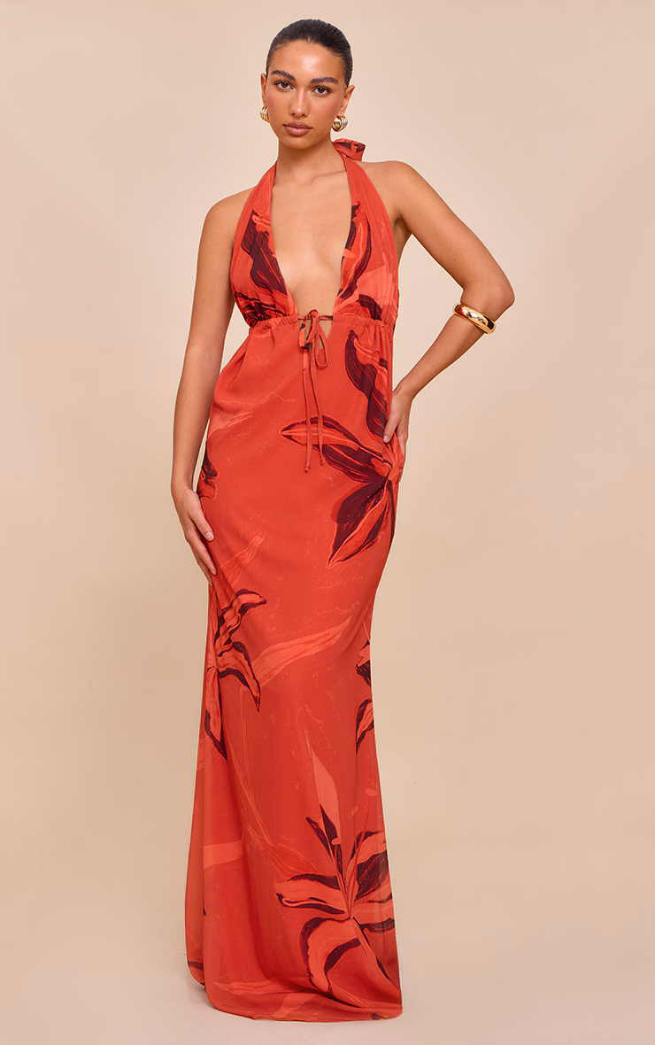 Rust Printed Plunge Tie Detail Maxi Dress