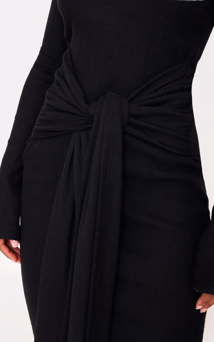 Black Heavy Brushed Rib Wrap Tie Maxi Dress