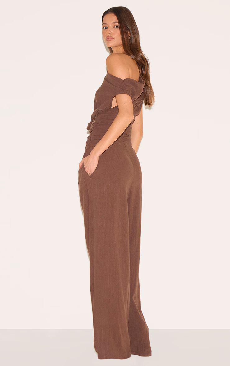 Chocolate Twist Sleeve Linen Ruched One Sleeve Jumpsuit