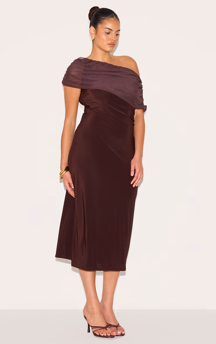 Plus Dark Chocolate Double Layer Slinky Mesh Overlay Maxi Dress
