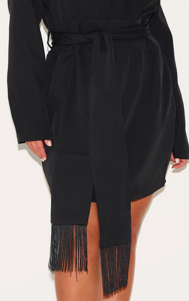 Plus Black Wrap Front Tassel Belted Dress