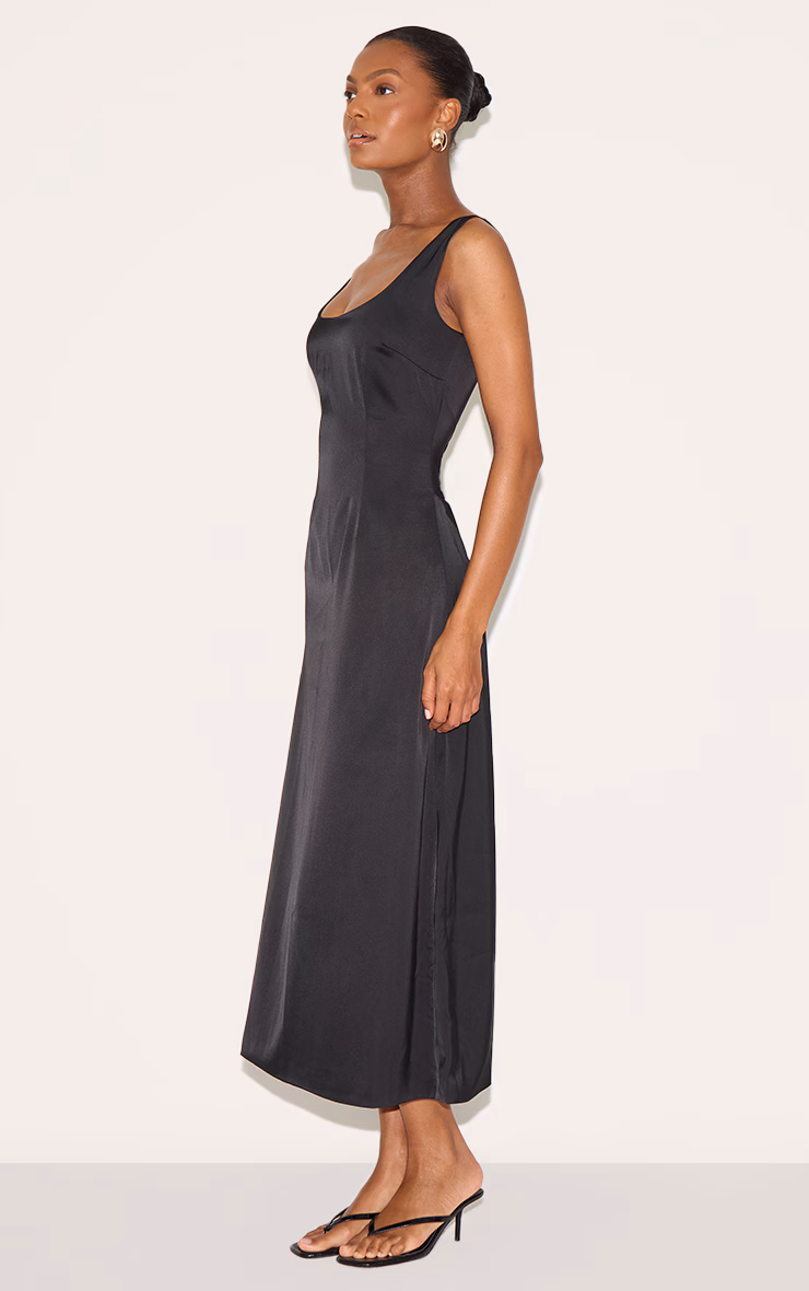 Black Satin Drop Waist Midi Dress