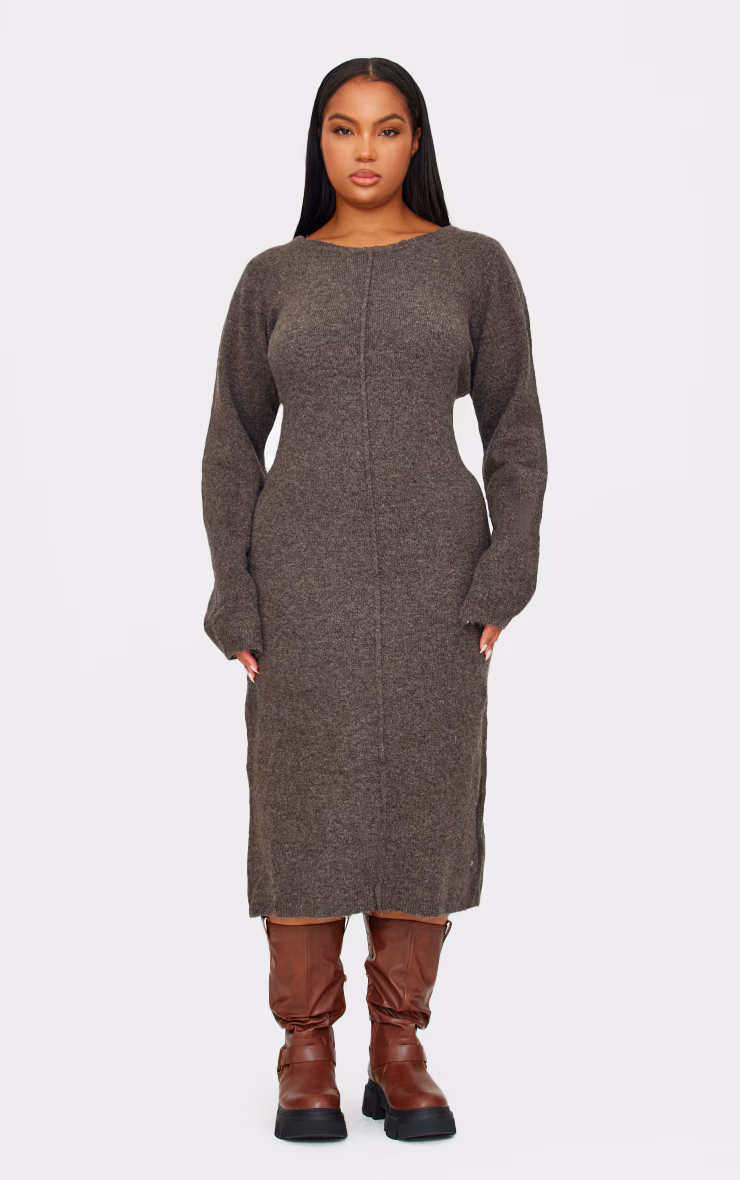 Plus Chocolate Knitted Seam Front Midaxi Dress
