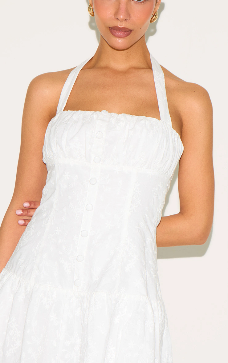 Petite White Halterneck Broderie Mini Dress