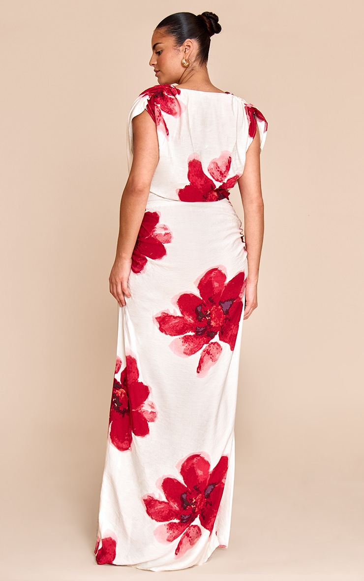 Plus Red Printed Extreme Cowl Ruched Detail Maxi Dress