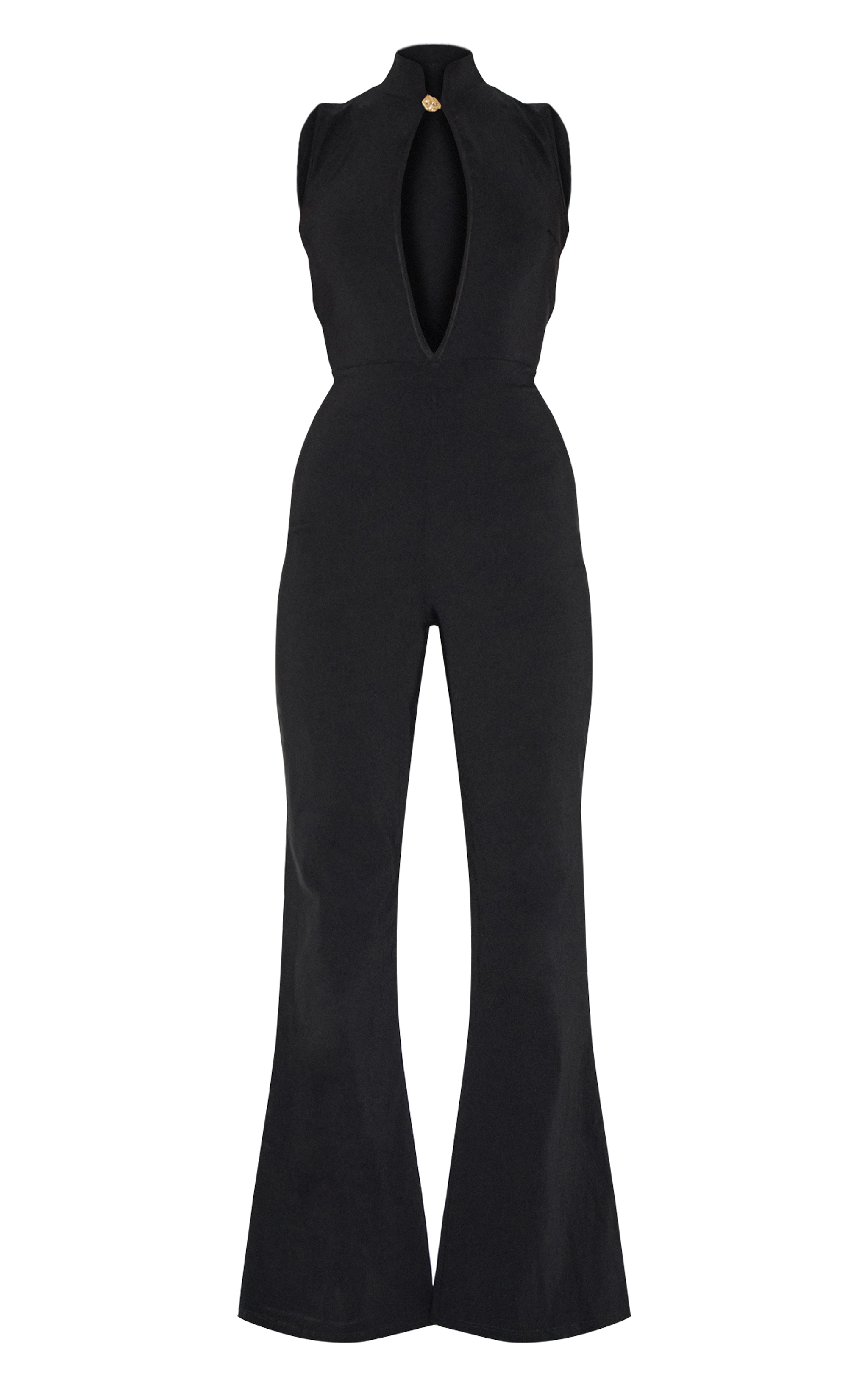 Black Stretch Woven Collared Gold Trim Straight Leg Jumpsuit
