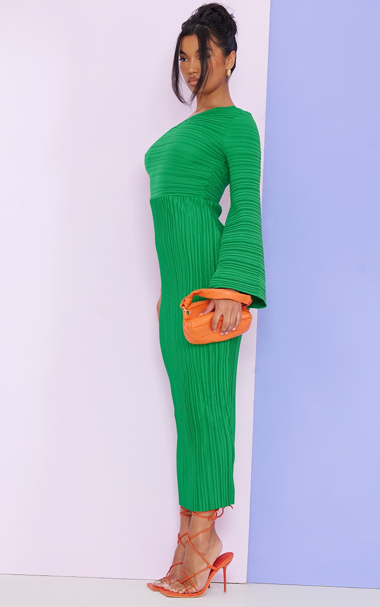 Green Plisse One Shoulder Flare Sleeve Midaxi Dress