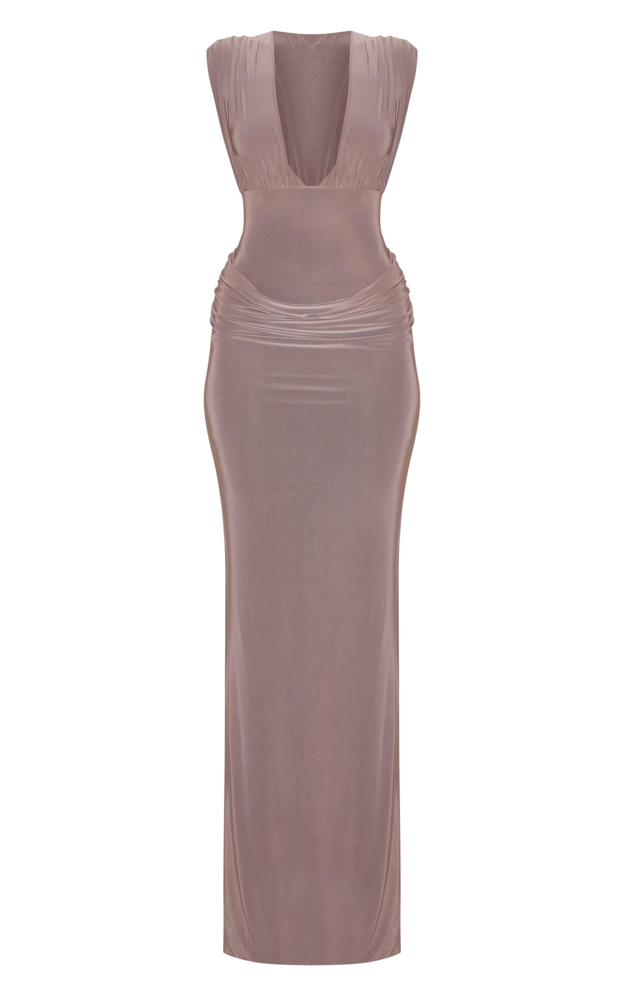 Taupe Double Layer Plunge Ruched Shoulder Drape Waist Maxi Dress