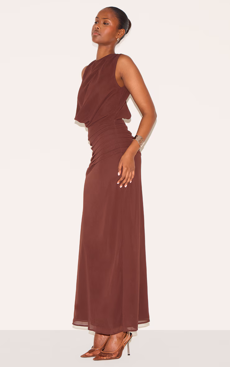 Chocolate Chiffon Keyhole Ruched Detail Maxi Dress