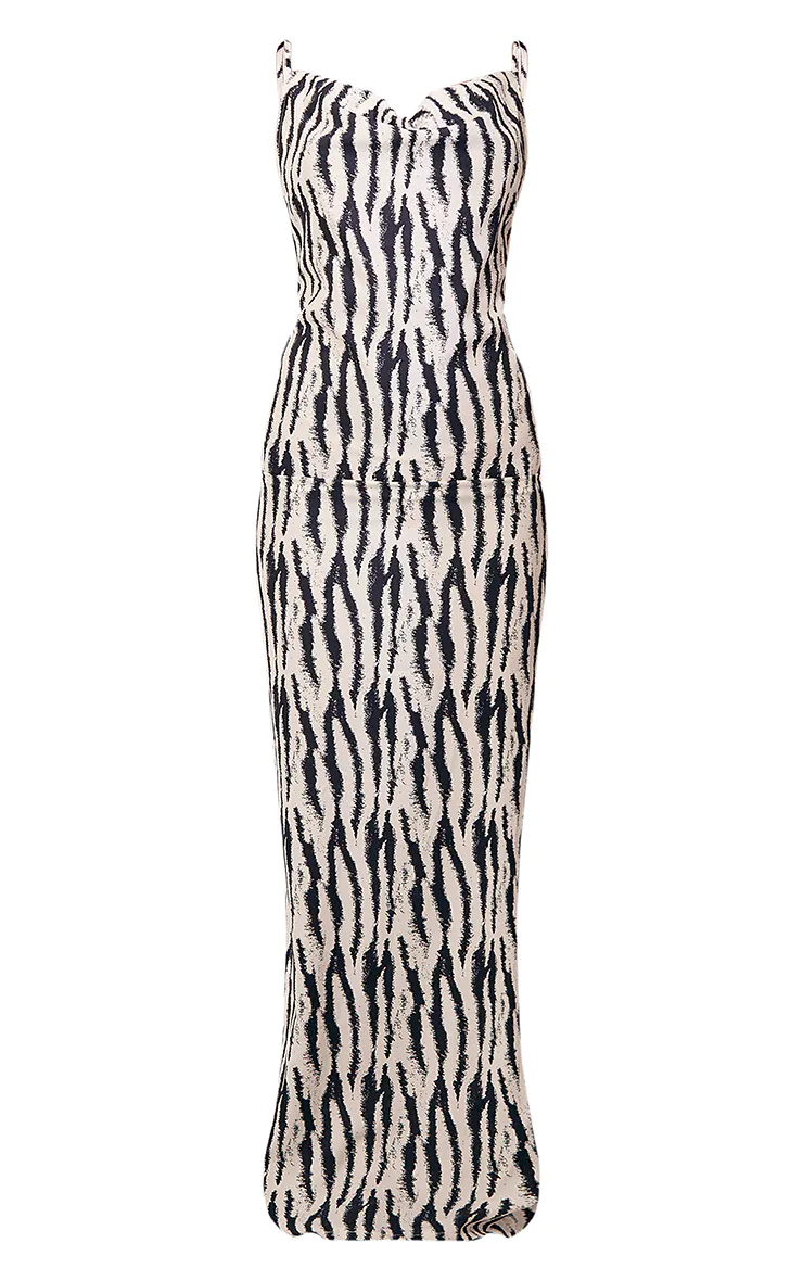 White Zebra Print Satin Cowl Neck Maxi Dress