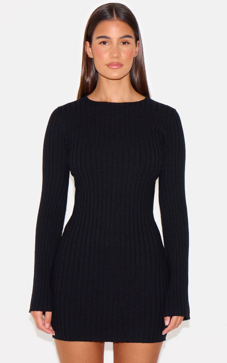 Black Ribbed Knit Mini Dress