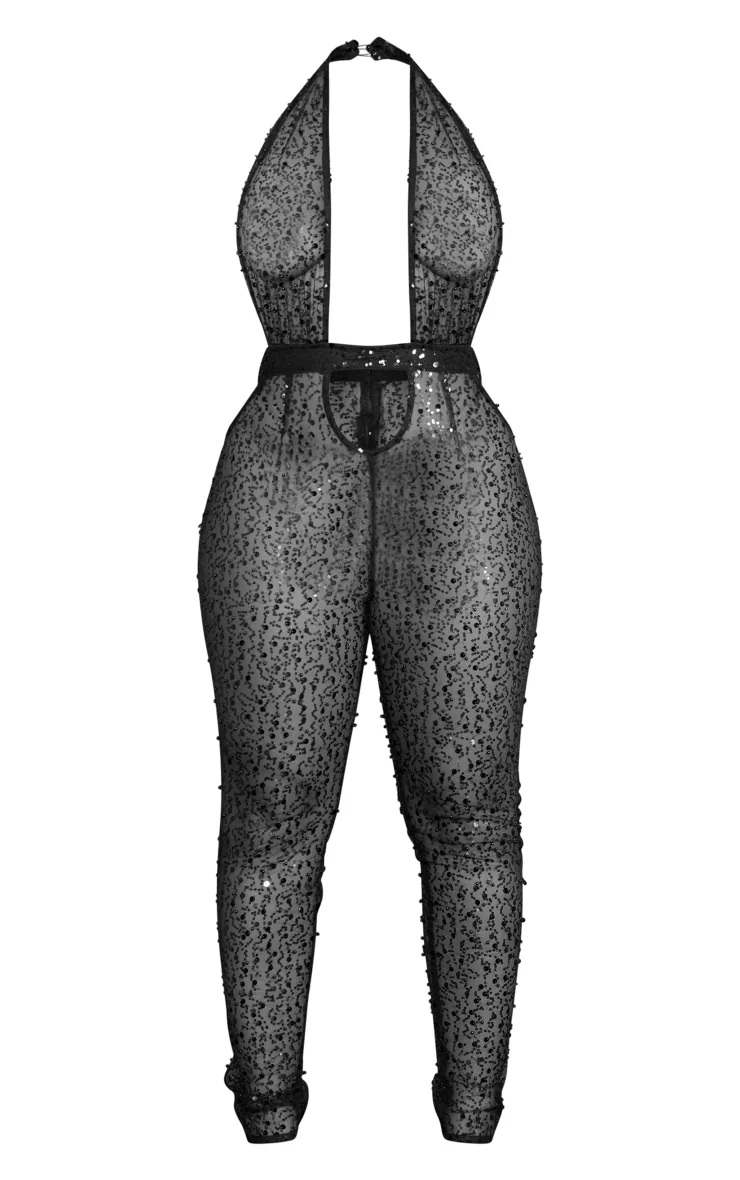 Shape Black Sheer Sequin Cut Out Jumpsuit
