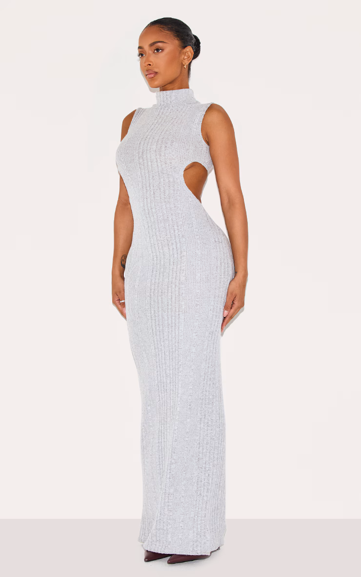 Shape Silver Brushed Rib High Neck Open Back Maxi Dress
