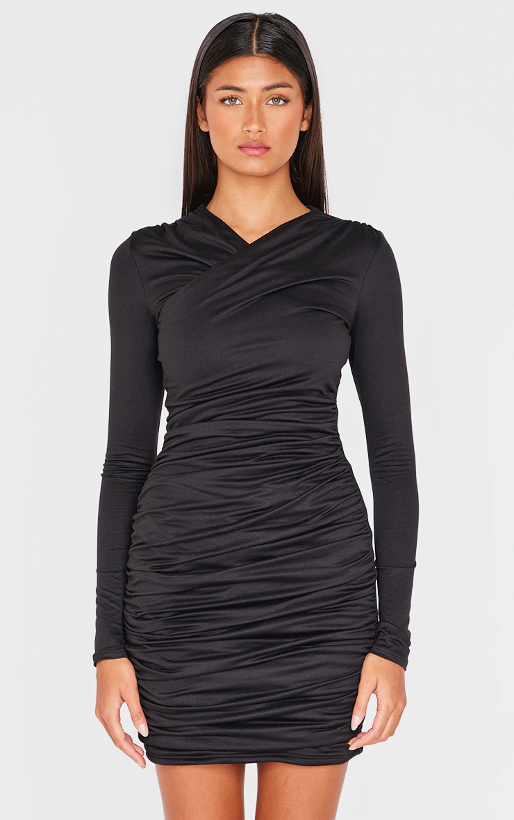 Black Double Contour Cross Over Bodycon Dress