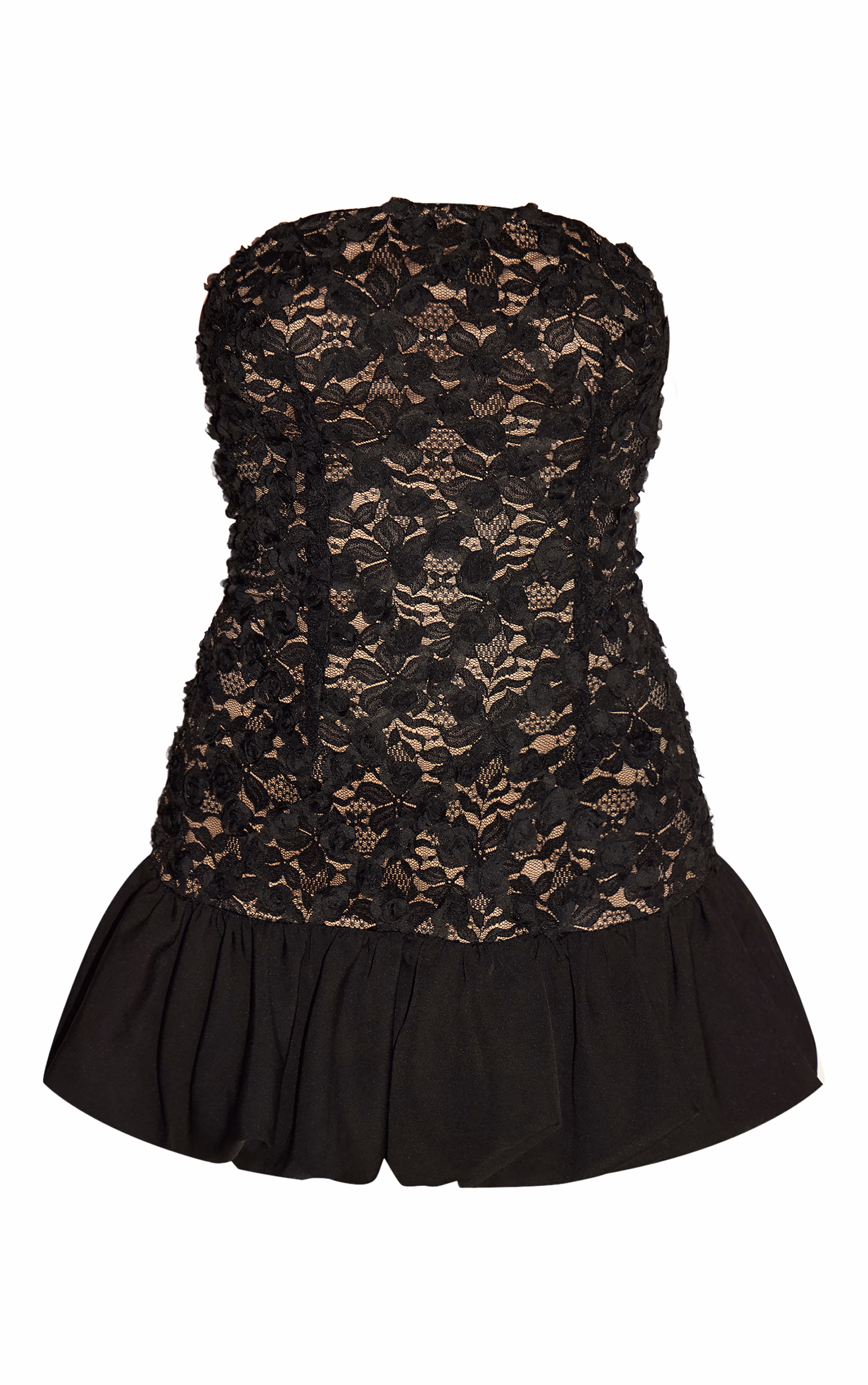 Black Floral Textured Bandeau Puffball Hem Shift Dress