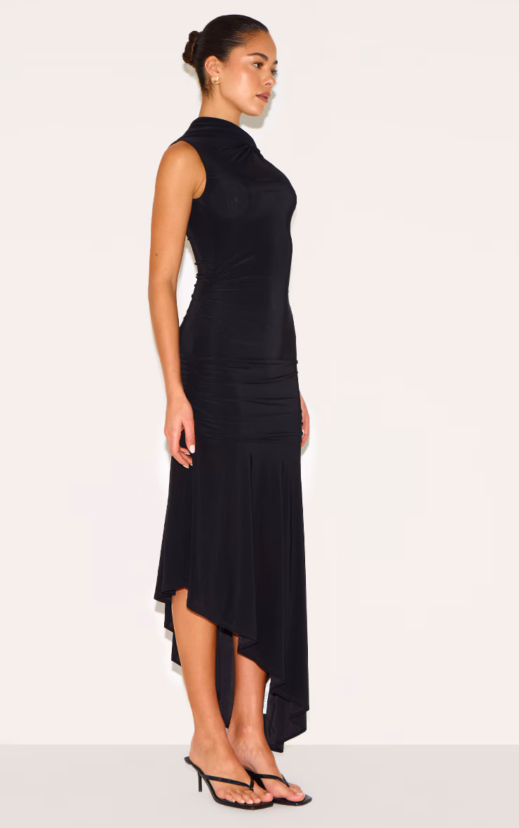 Black Double Layer Slinky Asymmetrical Ruched Midaxi Dress